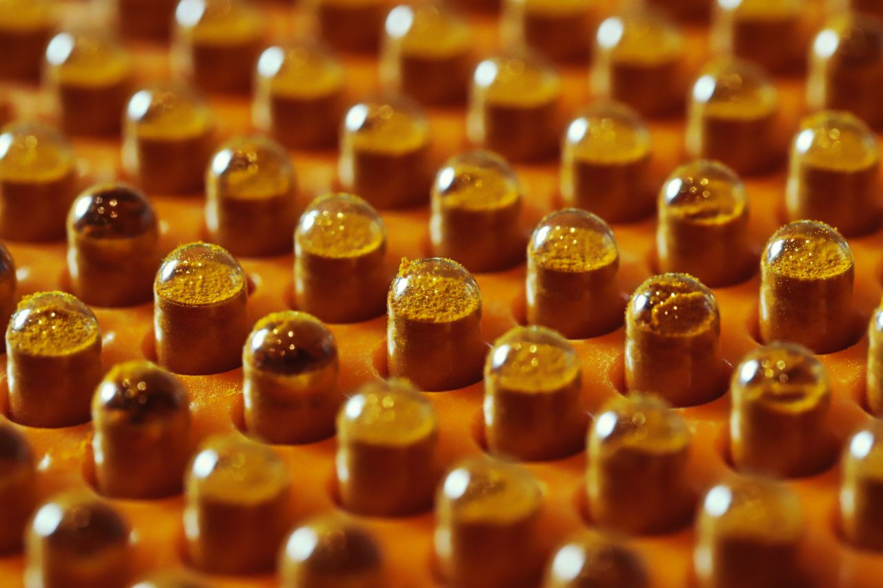 Detailed view of orange capsules arranged in rows with selective focus.